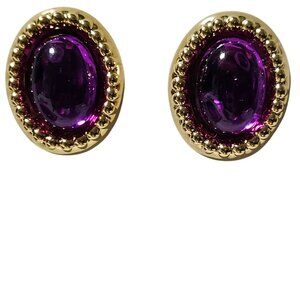 Retro Purple Gem Oval Stud Earrings Gold Tone Trim 60s Fashion Jewelry Women